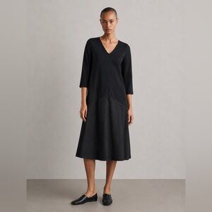 COS - Black Cotton V-Neck Dress Balloon Hem Minimalist A-Line Medium